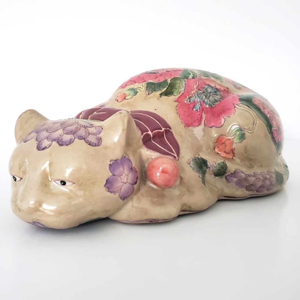 Cute Vintage Ceramic Resting Cat Figurine Cloisonne Style Embossed Floral Design
